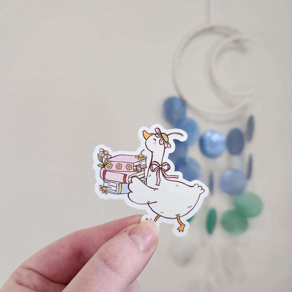 Silly Goose Vinyl Sticker Bookish Goose Holding Books Reading Laptop Decal